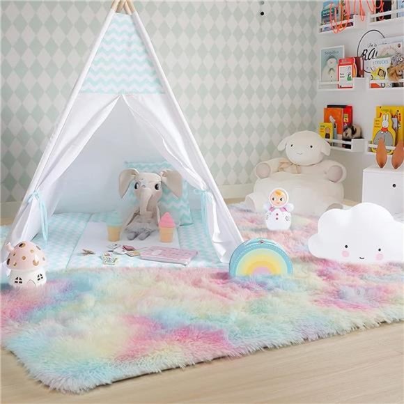 Rainbow Fluffy 4x6 Rug Girls Bedroom Room Decor, Shag Carpet for Nursery, - Picture 6 of 6